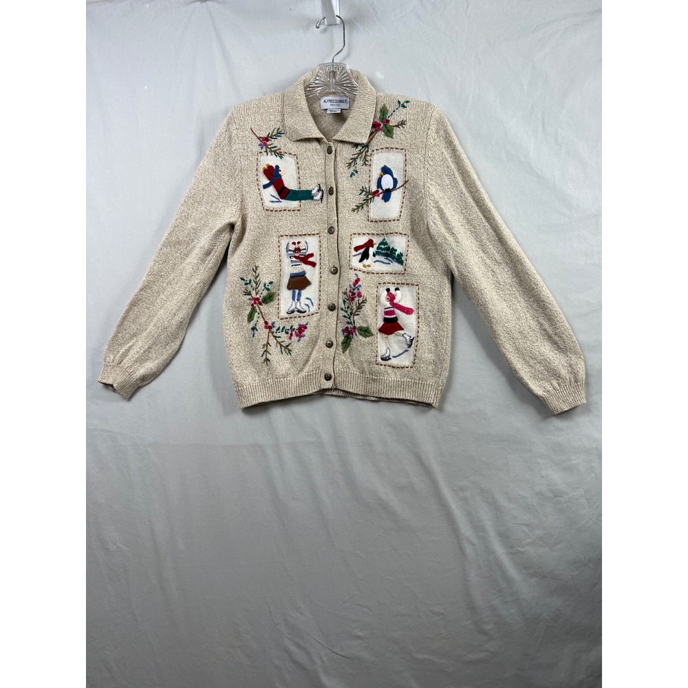 Alfred Dunner Cardigan Women PM Beige Winter Embroidered Holiday Sweater PM